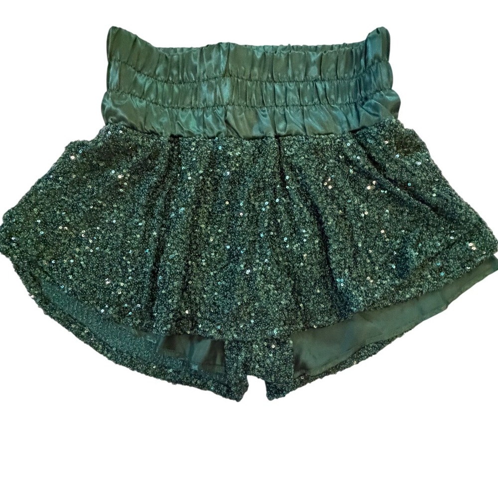Peach Love California Emerald Green Sequin Smocked High Waist Shorts Small‎ NWT